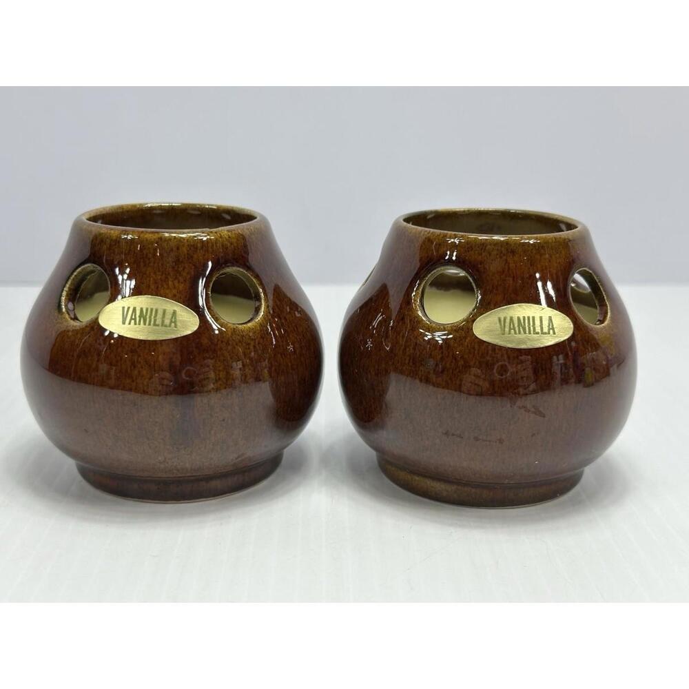2 Vintage Sears 1971 Votive Candle Holder MCM Brown Glazed Vanilla Never Burnt